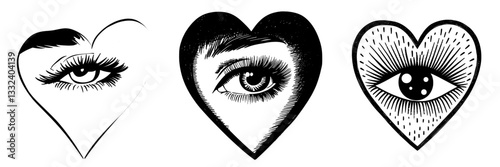 A modern hand-drawn illustration of a cute sacred heart with an eye, face, and tail, in a black grunge brush style, suitable as a love symbol for Valentine's Day, and usable as a decor element for