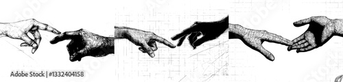 Hands extend towards each other, culminating in a handshake, as depicted in a retro halftone style with hands cut out from newspaper and tied with thread, conveying a sense of sealing a deal through