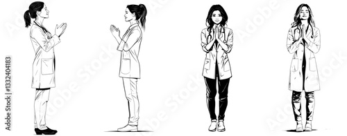 A modern Chinese woman wearing an autumn coat is depicted clapping her hands in a 2D black and white line character illustration
