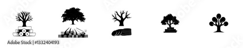 A modern illustration of a stack of wood logs and a silhouette of trees, isolated on a white background