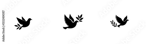 A modern design featuring a black dove with an olive branch against a white backdrop