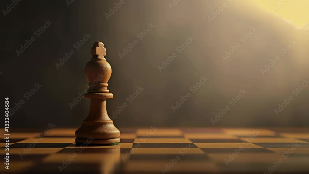 Lone white chess king casting dramatic shadows, representing strategic thinking and mental superiority on wooden chessboard