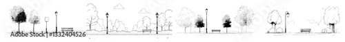 1. A park scene with trees, a bench, and a street lamp depicted in black outline style