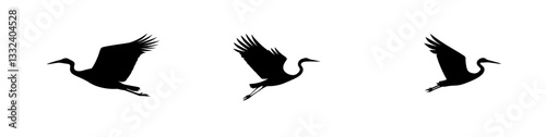 1. A modern illustration of a black silhouette of a Flying Crane bird on a white background