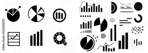 Monochrome spot illustrations of isolated clip arts, comprising pie charts and graphs, are available for data analysis and analytics reports