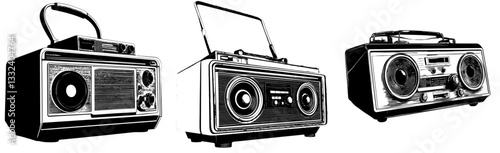 The combination of a trendy halftone stipple element with a photocopy effect, a retro musical receiver, and a vintage radio station with antenna, is complemented by a grunge punk dotted sticker ideal