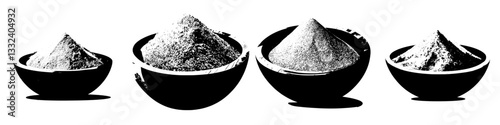 Turmeric powder is depicted in a bowl using a flat design, representing a culinary spice and an orange dry condiment through modern illustration isolated on a background