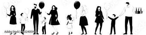 Families with children, filled with joy, are depicted holding balloons, set against a clean backdrop, with mothers and fathers walking together, carrying festive holiday helium balloons in their