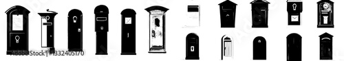 The assortment of mailboxes comprises a red metal box on a stand, a wall-mounted letterbox, a classic mail booth, a wooden mailbox with a pigeon on top, and a traditional pillar post box,