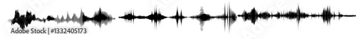 The sound waves sign set features a musical sound wave beat collection icon, along with digital and analog line waveforms and frequency audio waveform