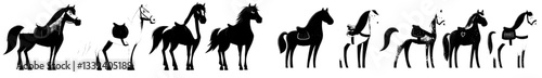 The horse collection is equipped with saddled mounts that have protective boots, bridles, leg guards, and protective gear, suitable for equestrian sport school lessons or competitions