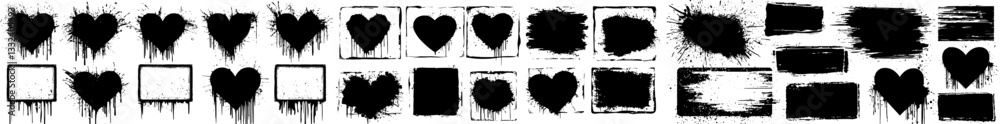 Graffiti stencil spray frames come in a range of shapes, including rectangles, hearts, and circles, and are characterized by dripping paint and scattered dots, with empty spaces surrounded by a black
