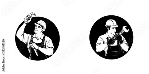 A dramatic black and white logo of a skilled tradesperson, robustly representing the power and accuracy of industry, ideal for companies in construction, manufacturing, or repair