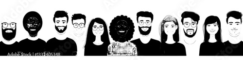 Depictions of people from various nationalities, religions, and social classes, presented in full face and profile, as contemporary figures, isolated icons, and cartoon character avatars