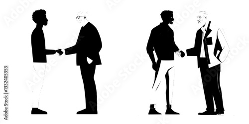 Businessmen are shaking hands in a gesture of greeting between senior and junior colleagues in an office setting, depicting happy professionals meeting, as shown in a flat modern illustration