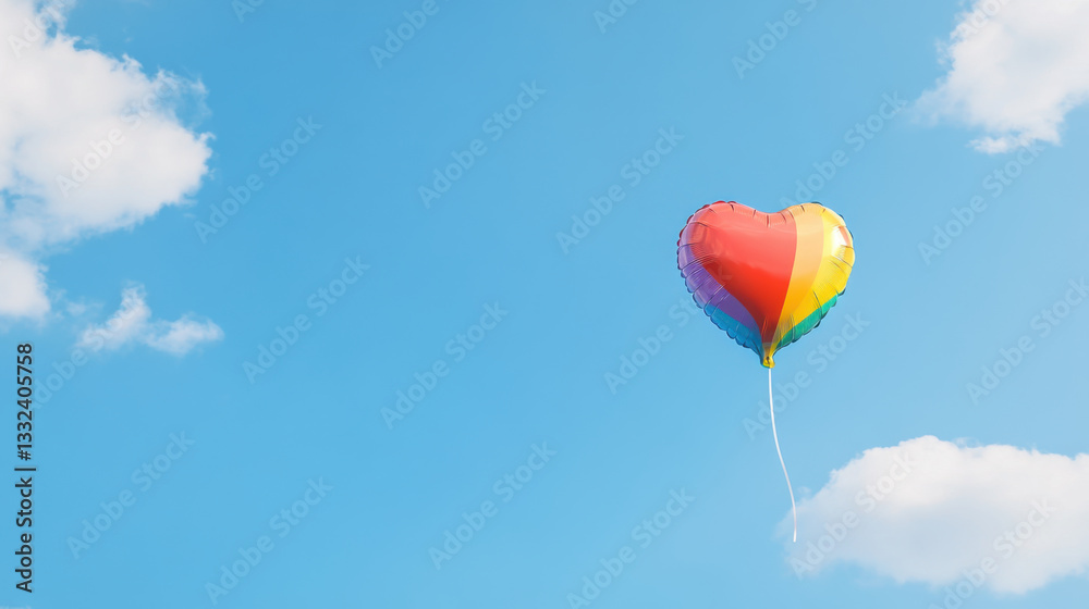 Fototapeta premium colorful heart shaped rainbow balloon floats joyfully against bright blue sky with scattered clouds, creating cheerful and uplifting scene