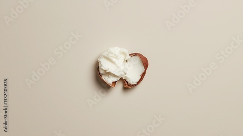 A fresh shea nut cracked open, revealing rich, creamy shea butter inside, highlighting natural skincare ingredients