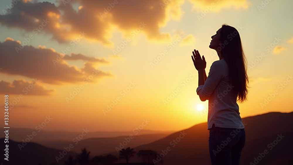 Fototapeta premium Flat Silhouette of woman praying over beautiful sky background illustrating faith and spiritual devotion in serene natural backdrop. concept as Silhouette of woman praying over beautiful sky backgroun