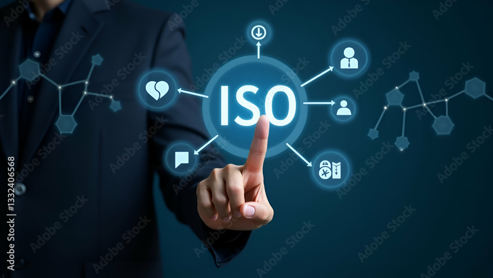 Hand interacting with holographic ISO standards interface showing quality assurance compliance certification icons representing business technology and quality management concepts in empty space conce Hand interacting with holographic ISO standards interface showing quality assurance compliance certification icons representing business technology and quality management concepts in empty space conce