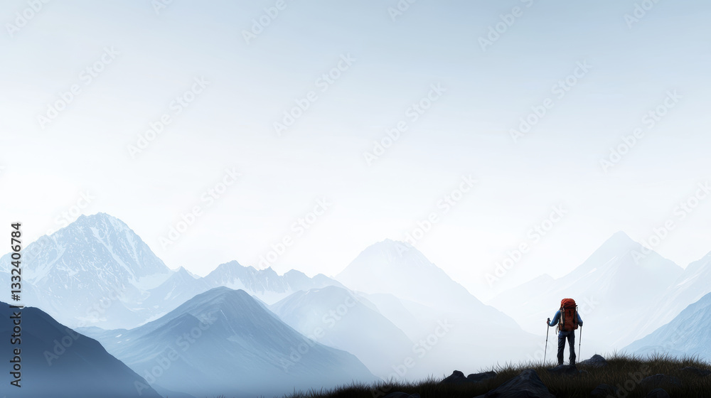 lone hiker stands on mountain peak, surrounded by majestic peaks and misty valleys, evoking sense of adventure and tranquility lone hiker stands on mountain peak, surrounded by majestic peaks and misty valleys, evoking sense of adventure and tranquility