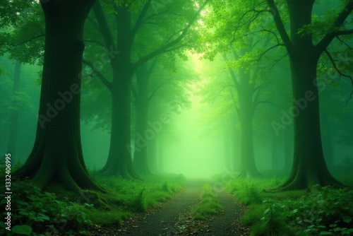 Ethereal green mist shrouds ancient trees, path glows , enchanted, otherworldly, haunting
