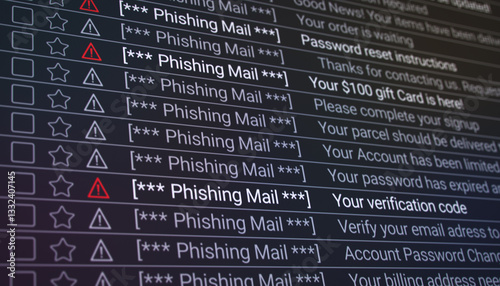 Illustration of a list in the internet browser with detected phishing emails - close-up.