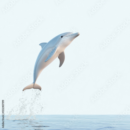 smiling 3D cartoon dolphin joyfully jumps out of water against clear sky. playful scene captures essence of marine life and animation artistry