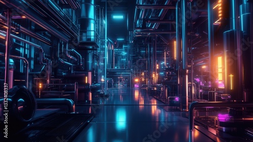 A futuristic industrial landscape with digital twin technology visualizing factory operations under neon lights.