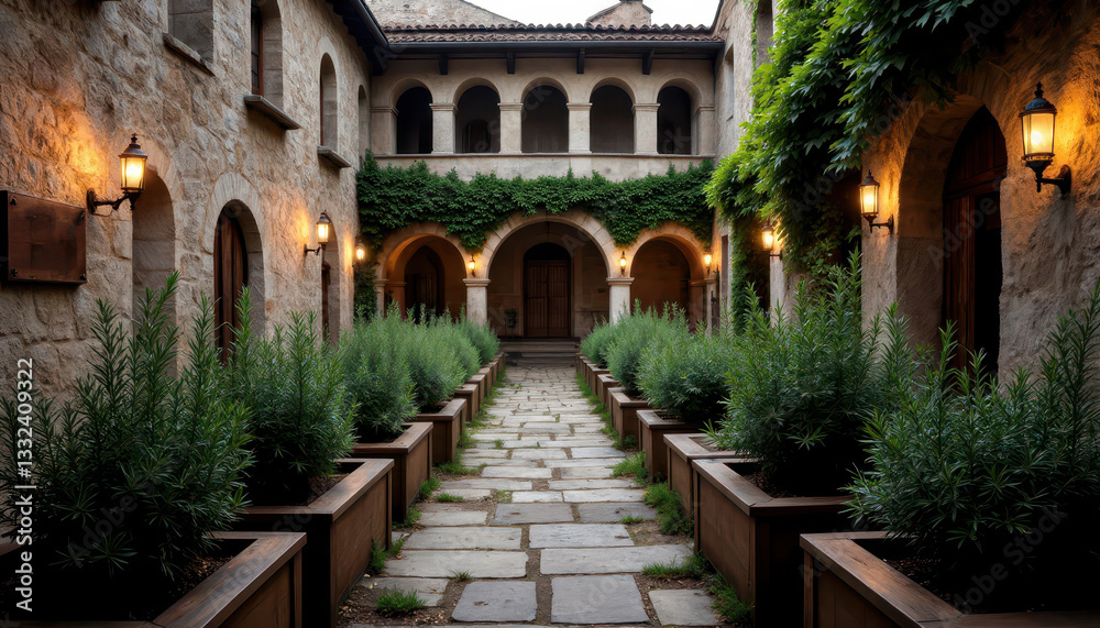 Obraz premium Tranquil european courtyard with lush greenery and vintage architecture