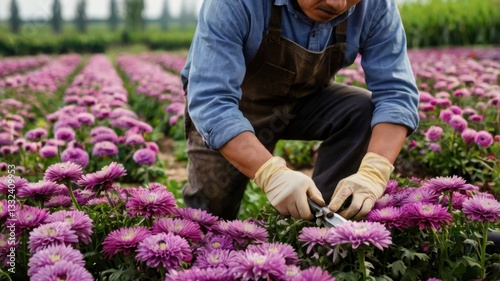 Gardener Trimming Purple Flowers in Field with Gardening Shears