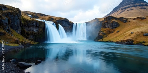 Icelandic waterfall cascades into serene glacial pond, iceland, waterfall
