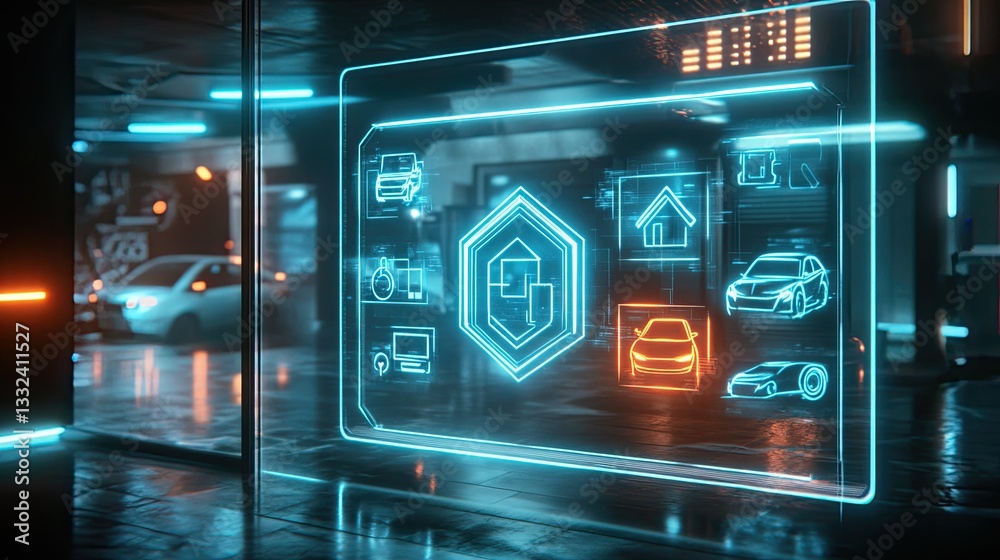 A glowing holographic interface displaying insurance symbols for home, vehicle, and life protection in a futuristic digital concept - A glowing holographic interface displaying insurance symbols for home, vehicle, and life protection in a futuristic digital concept -