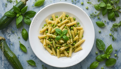 Delicious Penne Pesto Pasta Garnished with Fresh Herbs photo