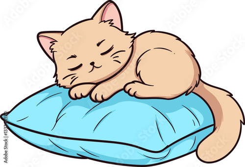 Cute Cartoon Cat Sleeping on Soft Pillow