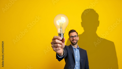 Businessman Holding Light Bulb on Yellow Background: A Symbol of Creative Innovation and Leadership in Workplace Solutions