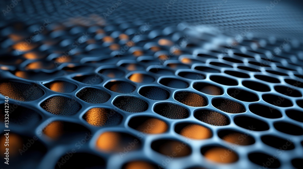 Fototapeta premium A close up view of an intricate futuristic looking grid network structure with a dark blue and orange color palette creating an abstract technological background