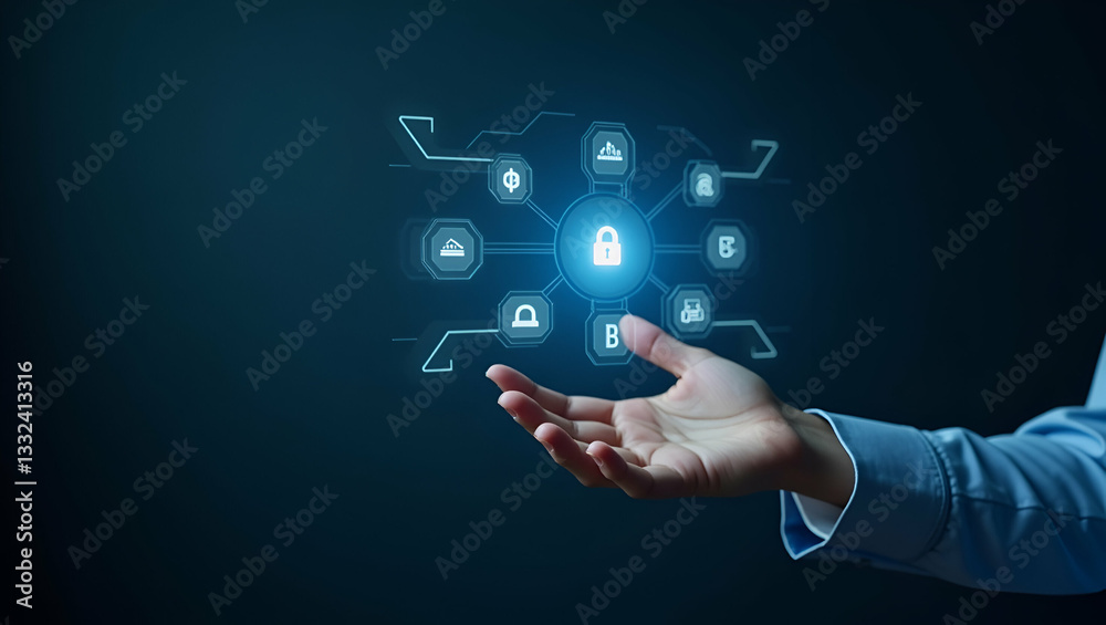 Engaging Flat Hand with Holographic AML Device: Banking Security & Compliance Icons in Action