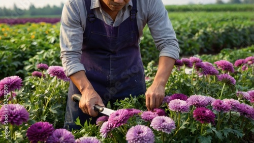 Harvesting Purple Flowers in the Field for Floral Arrangements and Gardening