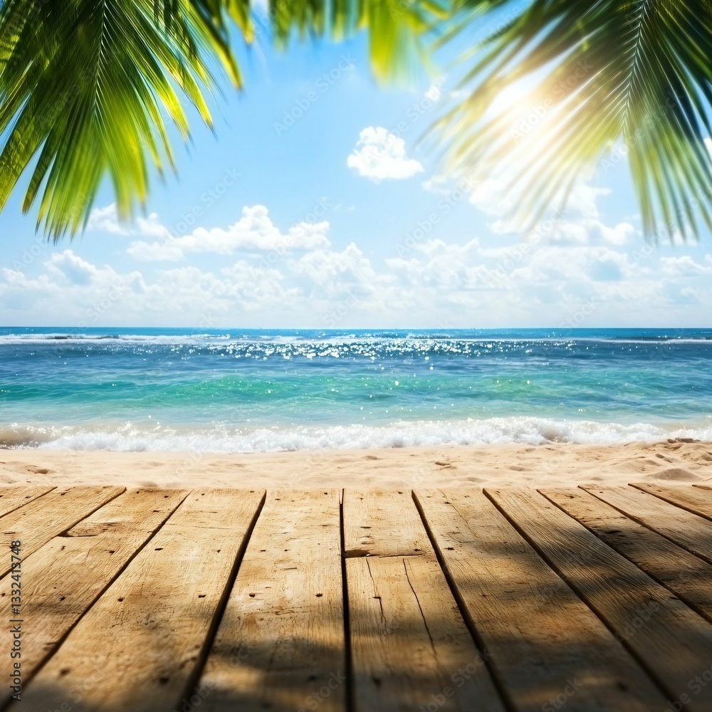 Fototapeta premium Tranquil Beach Scene with Blue Ocean and Lush Green Palm Leaves