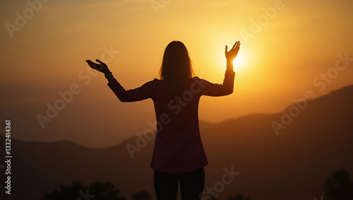 Serene Sunset: Devoted Woman Silhouette in Prayer Reflecting Inner Faith and Gratitude - Stock Photo