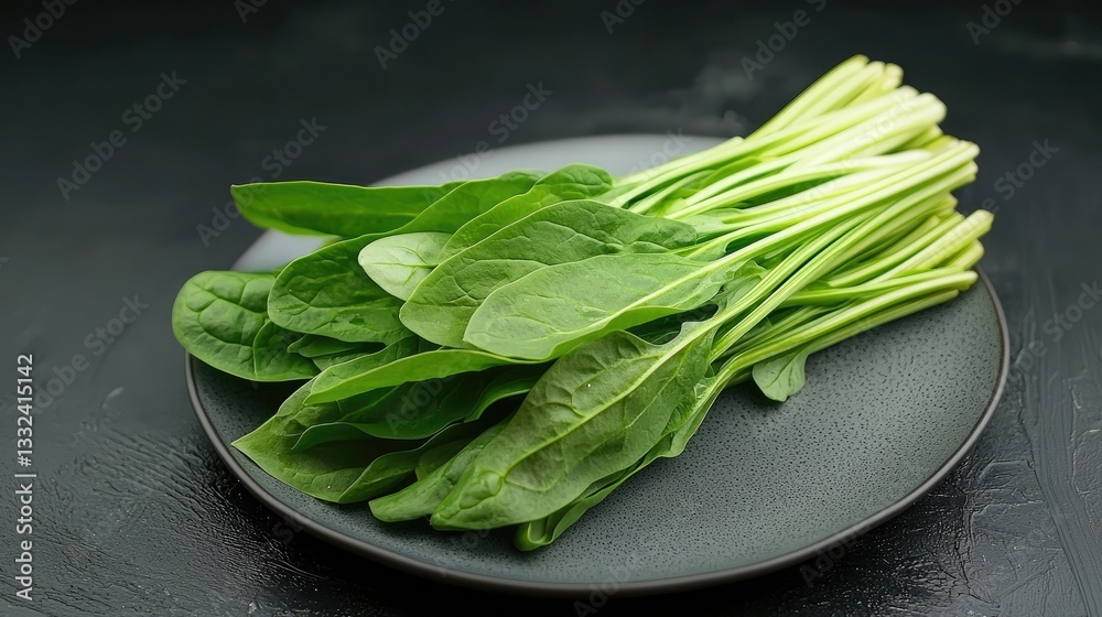 A healthy, fresh bunch of spinach leaves on a simple gray plate, placed on a dark surface to highlight their vibrant color and freshness A healthy, fresh bunch of spinach leaves on a simple gray plate, placed on a dark surface to highlight their vibrant color and freshness