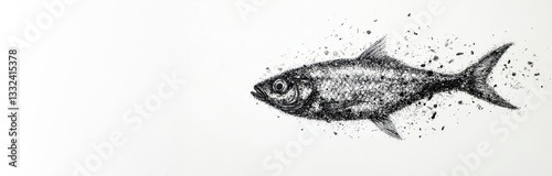 Monochromatic sardine with small particles explosions. Concept of food contamination due to sea, ocean pollution. Intrusive invasion in ecosystem and human health.