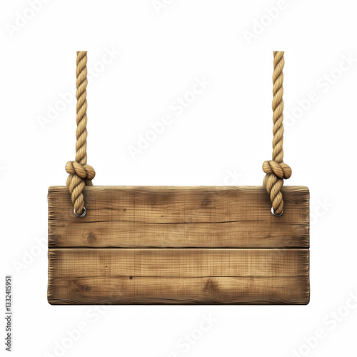 Realistic wooden hanging signboard with visible grain texture, suspended by a natural rope, perfect for rustic signage or decoration, isolated on transparent background. photo