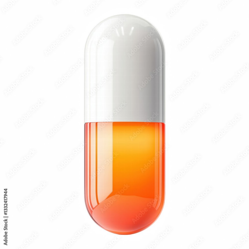 A single realistic medical capsule with a vibrant orange bottom and a clean white top, isolated on transparent background. A single realistic medical capsule with a vibrant orange bottom and a clean white top, isolated on transparent background.