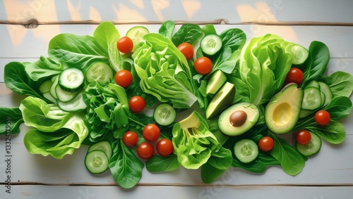 Fresh Salad Ingredients Lettuce, Tomato, Cucumber, and Avocado Arrangement