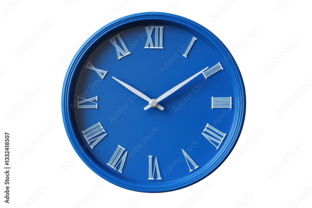 Isolated Blue Wall Clock with Roman Numerals and Precise Hands Isolated Blue Wall Clock with Roman Numerals and Precise Hands