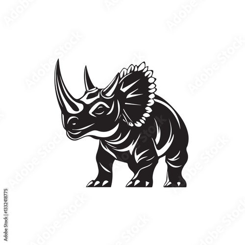 massive dinosaur triceratops full growth, black and white drawing, side view, vector, sketch
