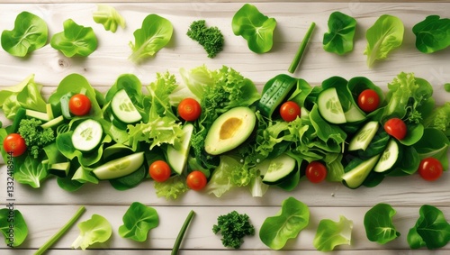Fresh Salad with Lettuce, Tomato, Cucumber, Avocado on Wood Table