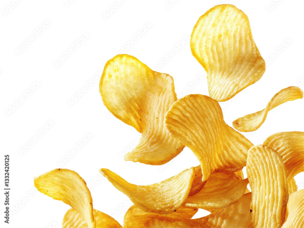 Isolated Cascade of Ruffled Potato Chips in Mid-Air Isolated Cascade of Ruffled Potato Chips in Mid-Air
