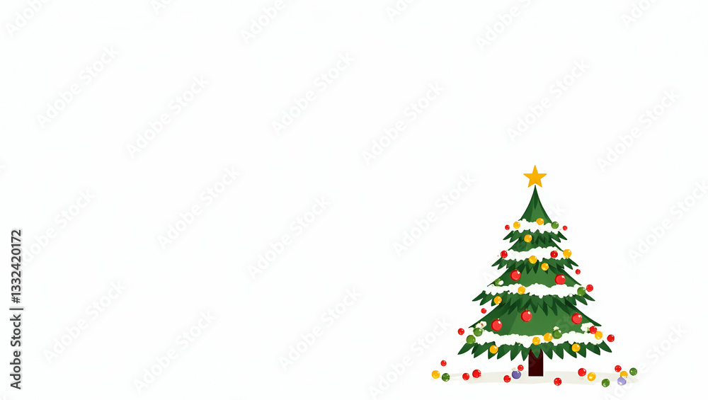 Charming Flat Vector Illustration of a Christmas Tree with Lightbulbs, Stars, and Snow - Perfect for Holiday Designs and Festive Decor on a White Background Charming Flat Vector Illustration of a Christmas Tree with Lightbulbs, Stars, and Snow - Perfect for Holiday Designs and Festive Decor on a White Background